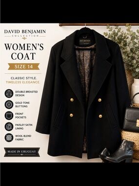 David Benjamin Women's Double-Breasted Black Coat with Gold Buttons